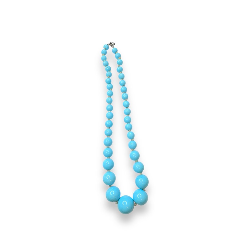 Blue Art Glass Beaded Necklace Sterling Silver Spring Ring Clasp 1475 Vintage 25$